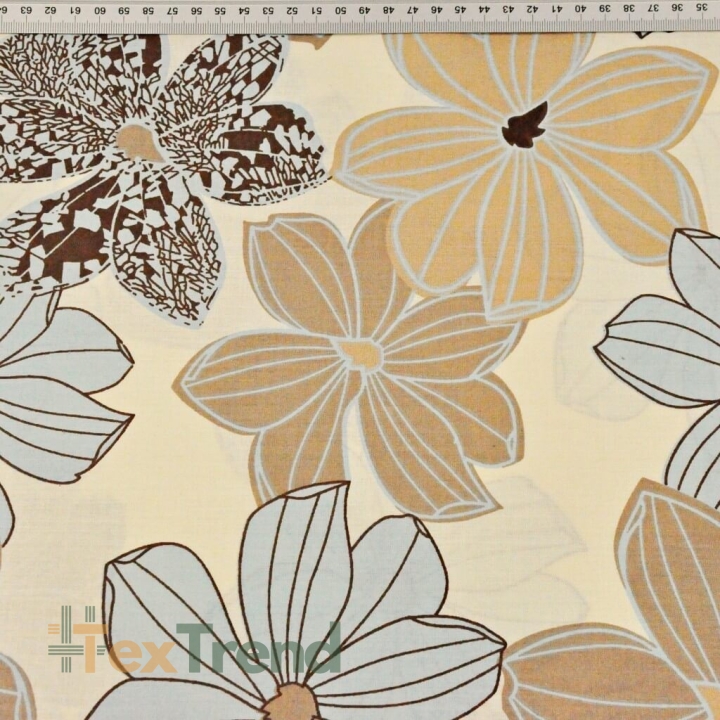 Baumwolle 100% große Blumen beige-blau auf vanillefarbenem Hintergrund  