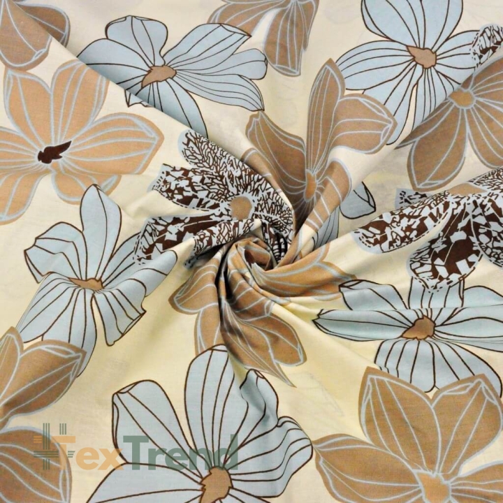 Baumwolle 100% große Blumen beige-blau auf vanillefarbenem Hintergrund  