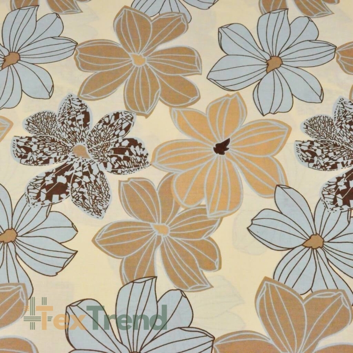 Baumwolle 100% große Blumen beige-blau auf vanillefarbenem Hintergrund  