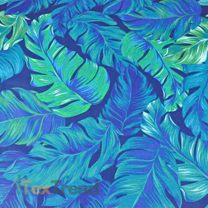 Baumwolle 100% tropische Blätter blau-grün auf dunkelblauem Hintergrund  