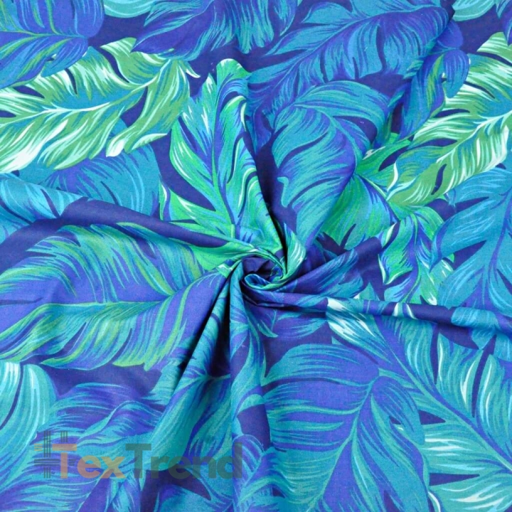 Baumwolle 100% tropische Blätter blau-grün auf dunkelblauem Hintergrund  