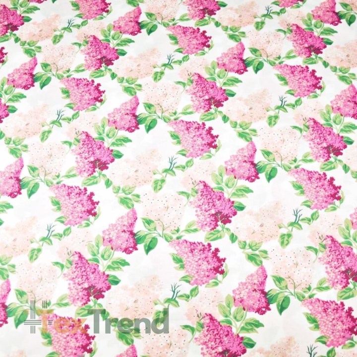 Baumwolle 100% Fliederblüten rosa-fuchsia auf weißem Hintergrund - 220cm  