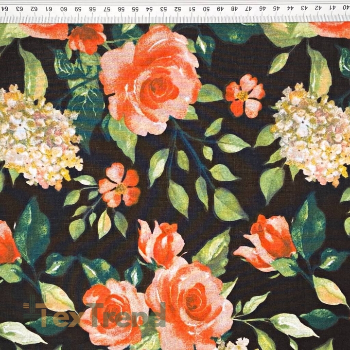 Baumwolle 100% Blumen Rosen auf schwarzem Hintergrund - 220cm  