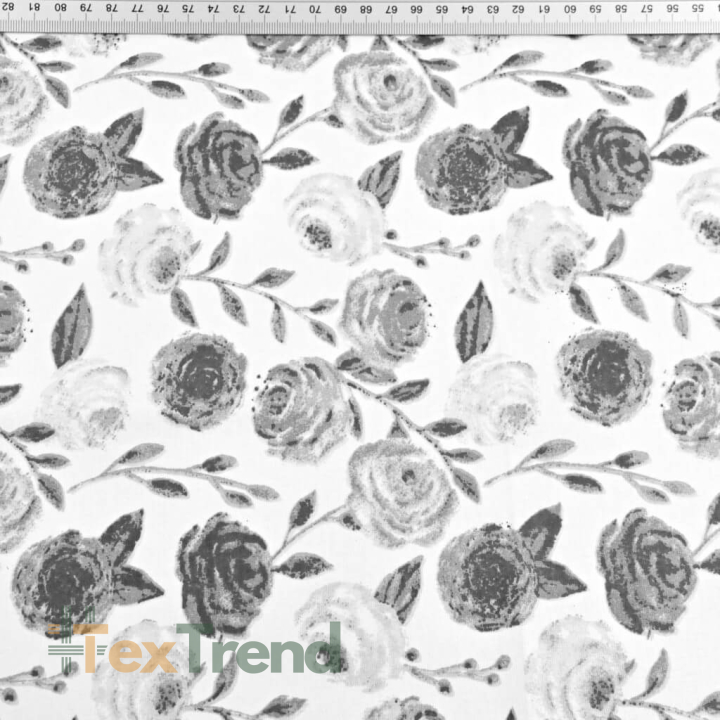Baumwolle 100% vintage Rosen grau auf weißem Hintergrund  