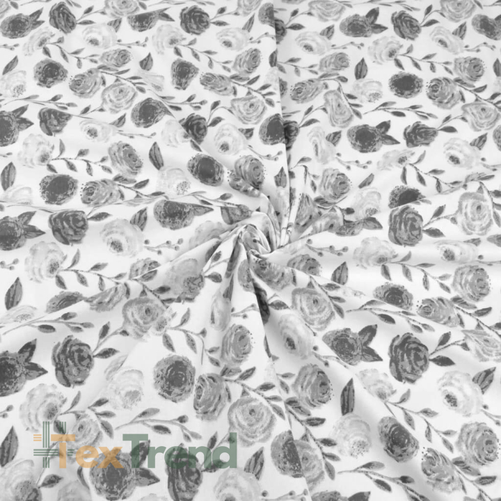 Baumwolle 100% vintage Rosen grau auf weißem Hintergrund  