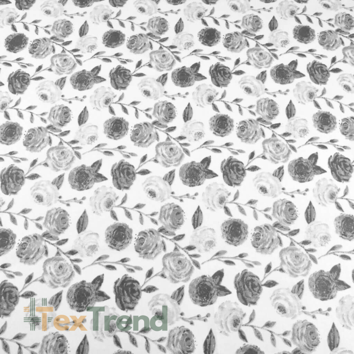 Baumwolle 100% vintage Rosen grau auf weißem Hintergrund  