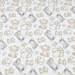 Baumwolle 100% Zebras, Löwenbabys und Elefanten beige auf weiß-grauem Hintergrund  