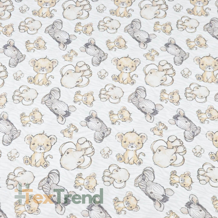 Baumwolle 100% Zebras, Löwenbabys und Elefanten beige auf weiß-grauem Hintergrund  