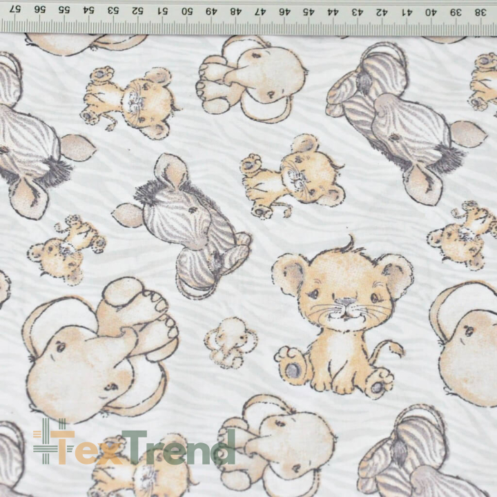Baumwolle 100% Zebras, Löwenbabys und Elefanten beige auf weiß-grauem Hintergrund  