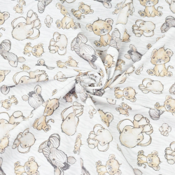 Baumwolle 100% Zebras, Löwenbabys und Elefanten beige auf weiß-grauem Hintergrund  