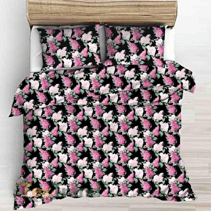 Baumwolle 100% Fliederblüten rosa-fuchsia auf schwarzem Hintergrund - 220cm  