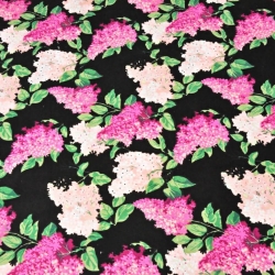 Baumwolle 100% Fliederblüten rosa-fuchsia auf schwarzem Hintergrund - 220cm  