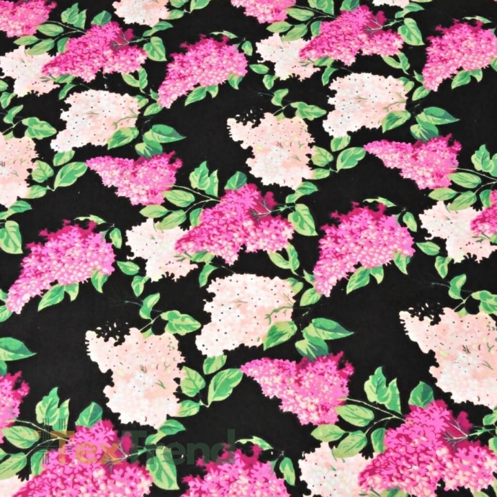 Baumwolle 100% Fliederblüten rosa-fuchsia auf schwarzem Hintergrund - 220cm  