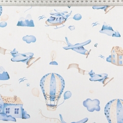 Baumwolle 100% Flugzeuge und Ballons blau-beige auf weißem Hintergrund  
