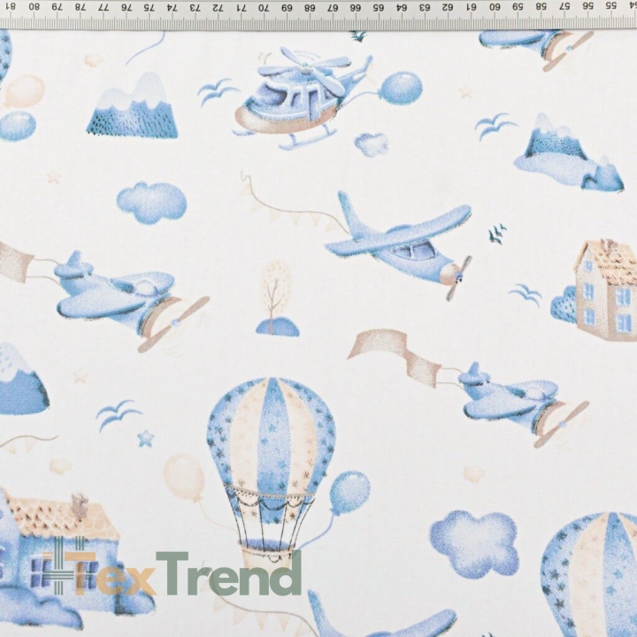 Baumwolle 100% Flugzeuge und Ballons blau-beige auf weißem Hintergrund  