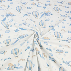 Baumwolle 100% Flugzeuge und Ballons blau-beige auf weißem Hintergrund  