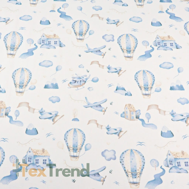 Baumwolle 100% Flugzeuge und Ballons blau-beige auf weißem Hintergrund  