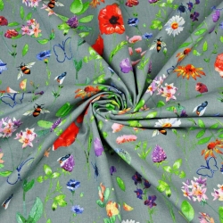 Baumwolle 100% Wiese mit Insekten auf dunkelgrauem Hintergrund  