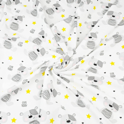 Baumwolle 100% graue TEDDY-Bären mit gelben Sternen auf weißem Hintergrund  