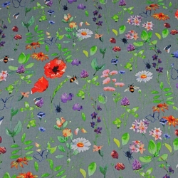 Baumwolle 100% Wiese mit Insekten auf dunkelgrauem Hintergrund  