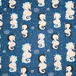 Baumwolle 100% Seepferdchen auf hellblauem Hintergrund  