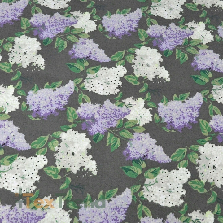 Baumwolle 100% Fliederblüten weiß-lila auf grauem Hintergrund - 220cm  