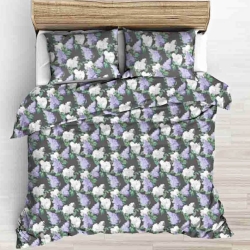 Baumwolle 100% Fliederblüten weiß-lila auf grauem Hintergrund - 220cm  