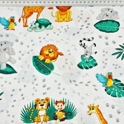 Baumwolle 100% afrikanische Tiere mit smaragdgrünen Blättern auf weißem Hintergrund - PREMIUM  