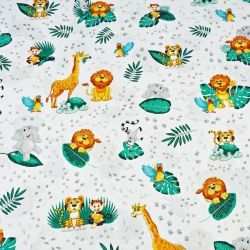 Baumwolle 100% afrikanische Tiere mit smaragdgrünen Blättern auf weißem Hintergrund - PREMIUM  