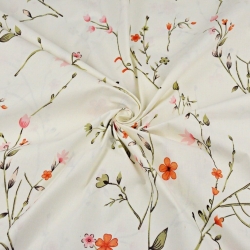 Baumwolle 100% Blumen an Zweigen rot-rosa auf vanillefarbenem Hintergrund  