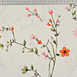 Baumwolle 100% Blumen an Zweigen rot-rosa auf vanillefarbenem Hintergrund  