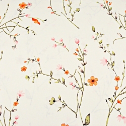 Baumwolle 100% Blumen an Zweigen rot-rosa auf vanillefarbenem Hintergrund  