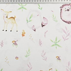 Baumwolle 100% Igel mit Rehkitzen in herbstlichen Blättern auf weißem Hintergrund  