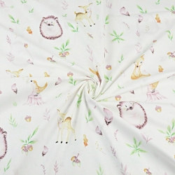 Baumwolle 100% Igel mit Rehkitzen in herbstlichen Blättern auf weißem Hintergrund  