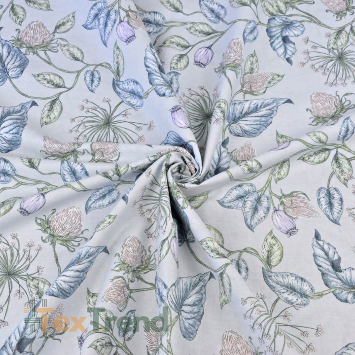 Baumwolle 100% Fenchelblumen mit pastellfarbenen Blättern auf hellgrauem Hintergrund  