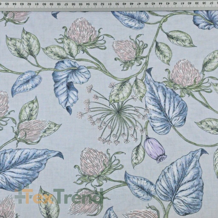 Baumwolle 100% Fenchelblumen mit pastellfarbenen Blättern auf hellgrauem Hintergrund  