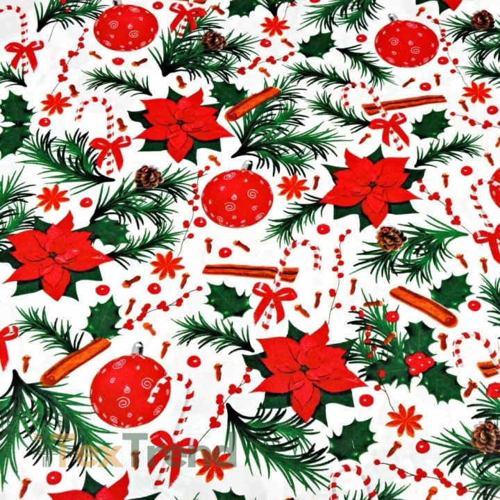 Baumwolle 100% Weihnachtsmuster Stechpalme mit Weihnachtsbaumkugeln und Zimt rot-grün auf weißem Hintergrund  