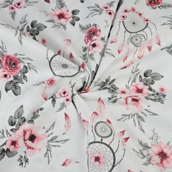 Baumwolle 100% Blumen Rosen mit Traumfänger rot-grau auf weißem Hintergrund  