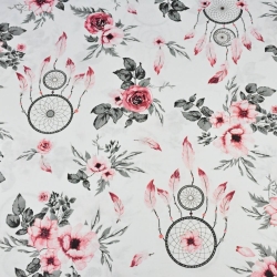 Baumwolle 100% Blumen Rosen mit Traumfänger rot-grau auf weißem Hintergrund  