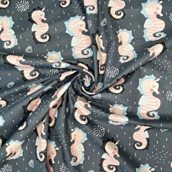 Baumwolle 100% Seepferdchen auf dunkelgrauem Hintergrund  