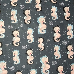 Baumwolle 100% Seepferdchen auf dunkelgrauem Hintergrund  