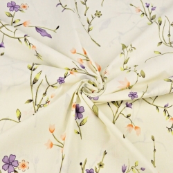 Baumwolle 100% Blumen an Zweigen lila-lachsfarben auf vanillefarbenem Hintergrund 220cm  