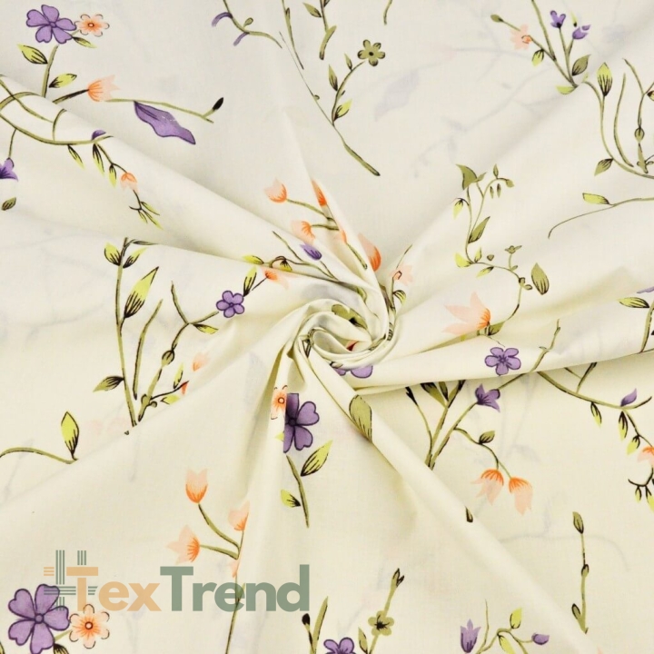 Baumwolle 100% Blumen an Zweigen lila-lachsfarben auf vanillefarbenem Hintergrund 220cm  