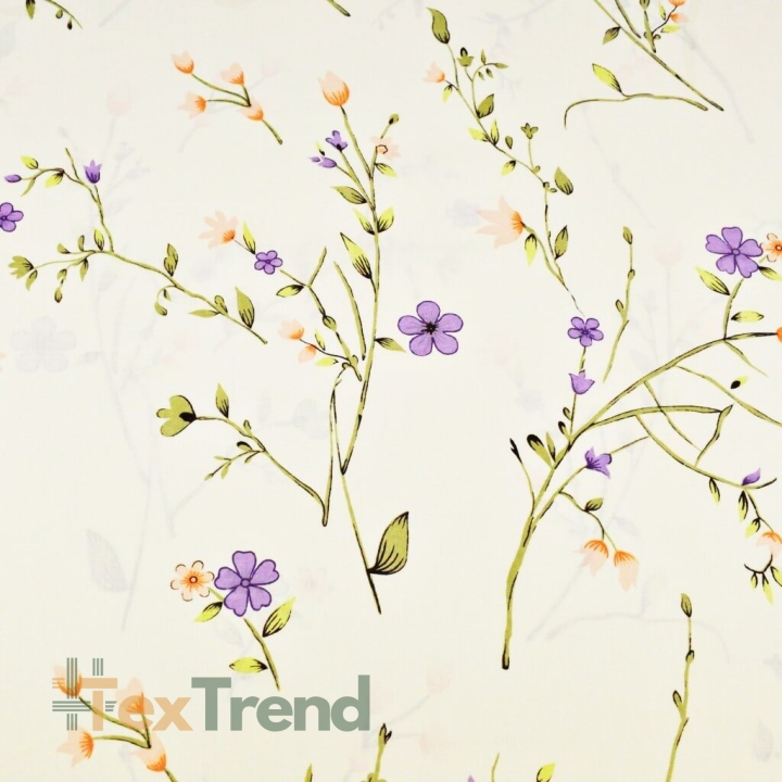 Baumwolle 100% Blumen an Zweigen lila-lachsfarben auf vanillefarbenem Hintergrund 220cm  