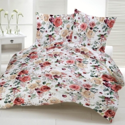 Baumwolle 100% Große Blumen rot-beige Rosen mit grünen Blättern auf weißem Hintergrund  