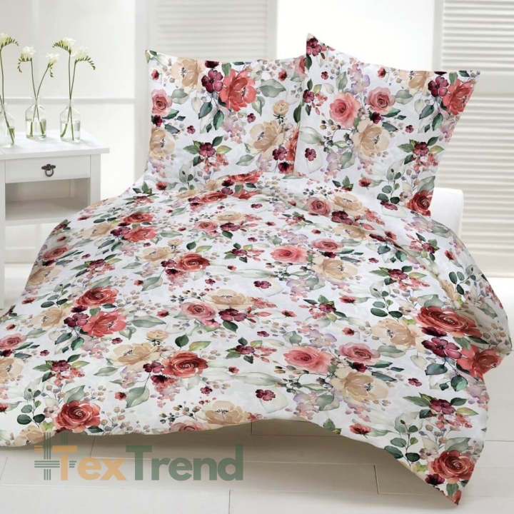 Baumwolle 100% Große Blumen rot-beige Rosen mit grünen Blättern auf weißem Hintergrund  
