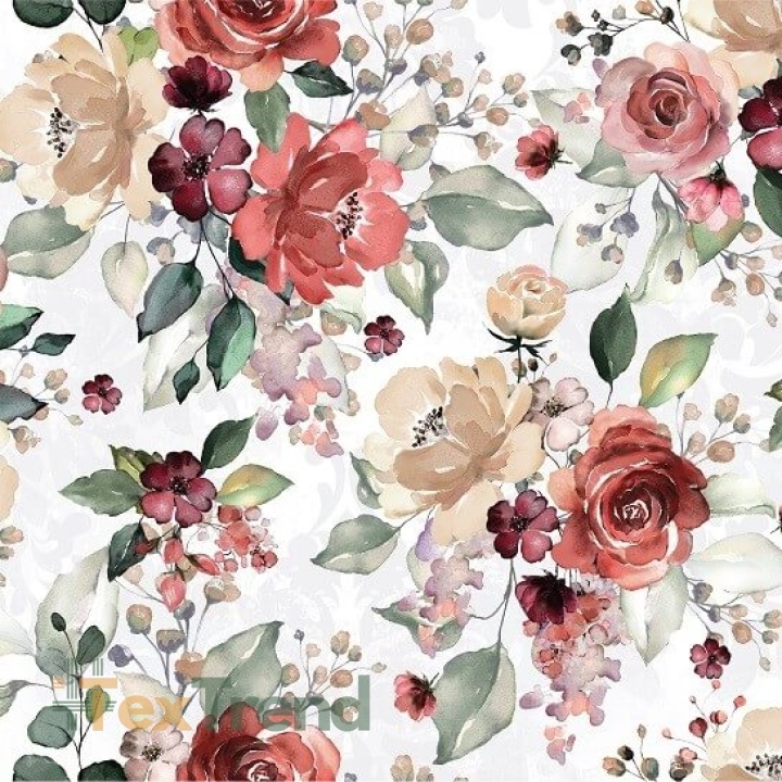 Baumwolle 100% Große Blumen rot-beige Rosen mit grünen Blättern auf weißem Hintergrund  