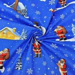 Baumwolle 100% Weihnachtsmuster Weihnachtsmänner mit Häusern auf blauem Hintergrund  