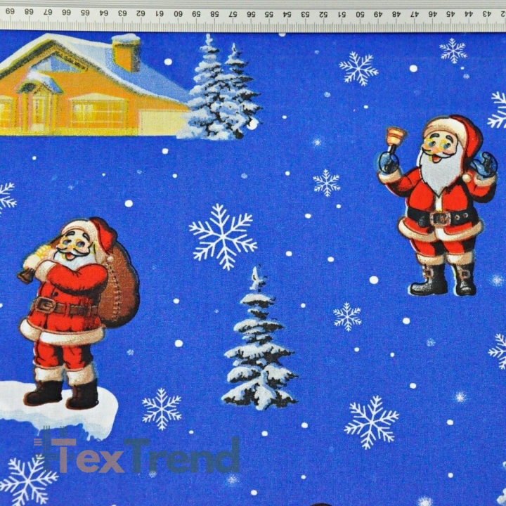 Baumwolle 100% Weihnachtsmuster Weihnachtsmänner mit Häusern auf blauem Hintergrund  