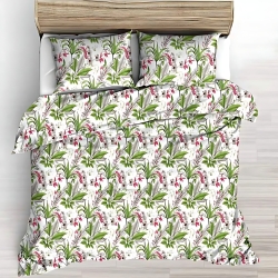 Baumwolle 100% Orchideenblüten mit grünen Blättern auf weißem Hintergrund - 220cm  